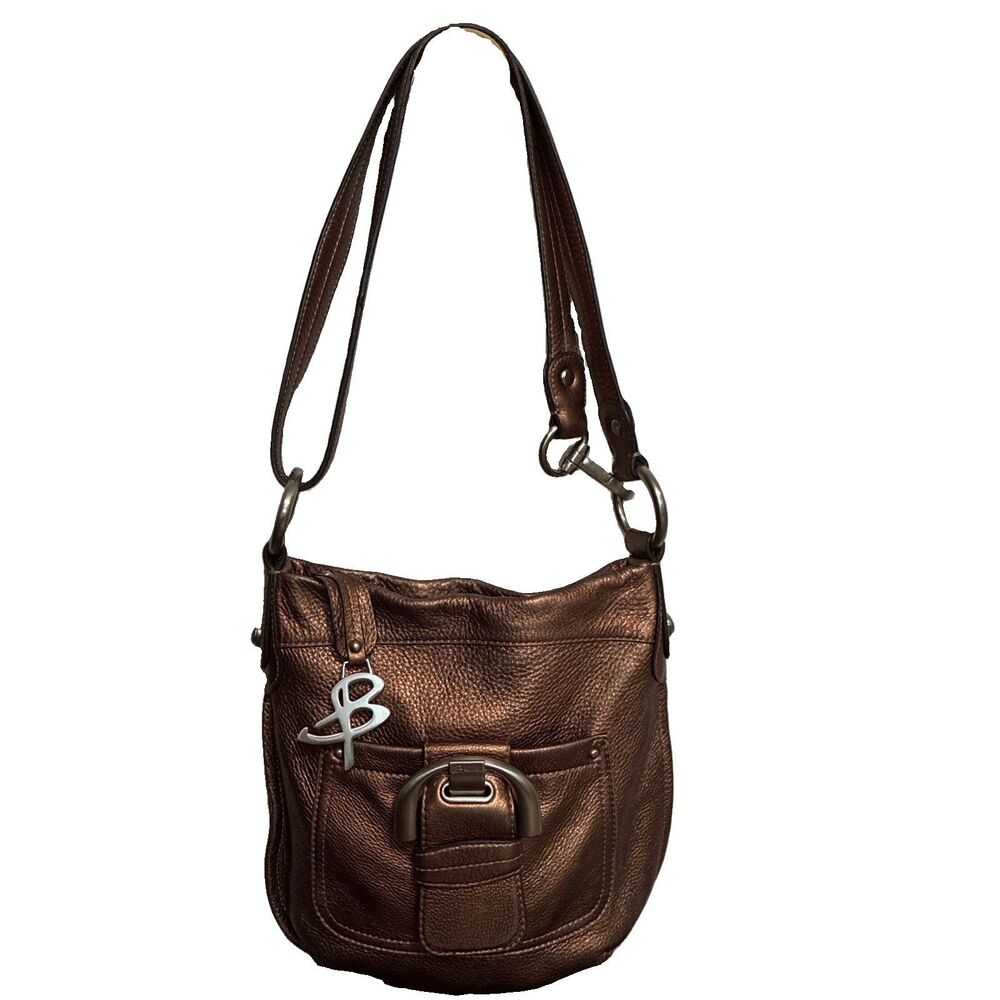 B Makowsky Womens Leather Crossbody Shoulder Handbag Brown Metallic Copper